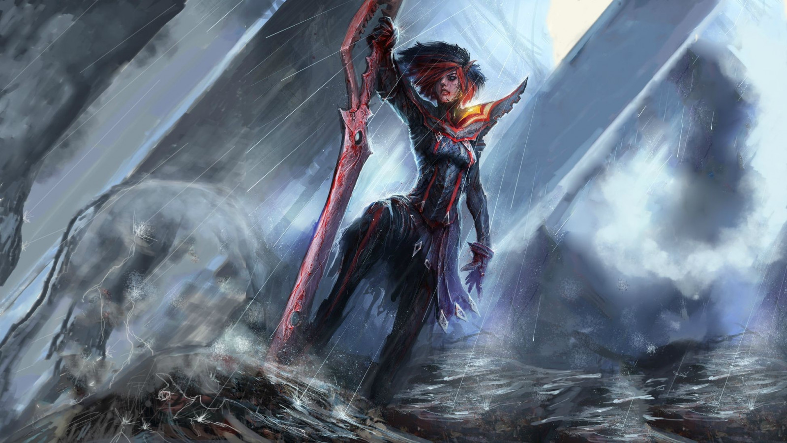 nők, fantasy art, fantázia lány, anime, anime lányok, eső, alkotás, manga, kard, Kill La Kill, Matoi Ryuuko, screenshot, kitalált karakter, geológiai jelenség, extrém sport