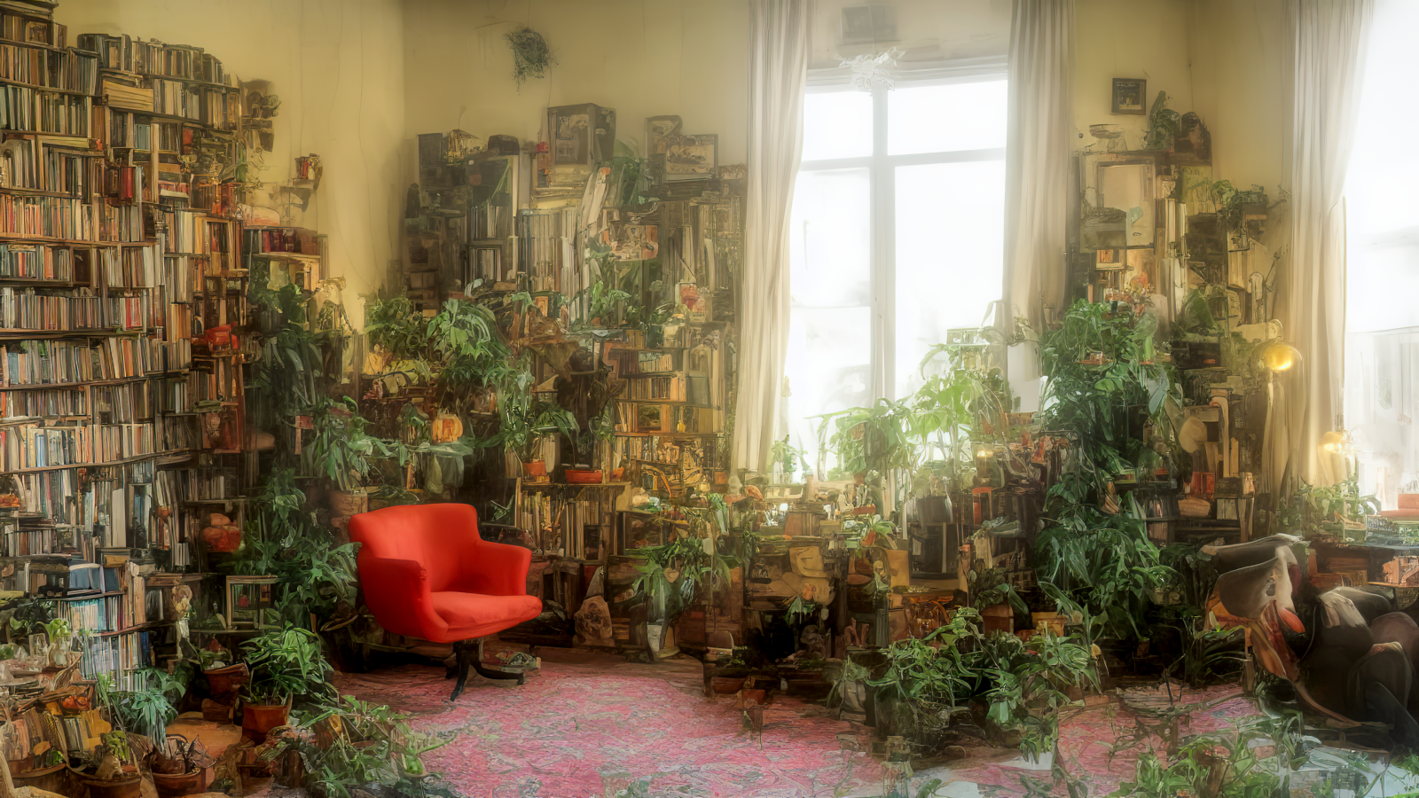 ai art, Stable Diffusion, Brushstroke, obývací pokoje, okno, koberec, rostliny, knihovna, regály, knihy, Přirozené světlo, gauč