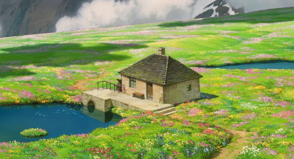 Howl's Moving Castle,Studio Ghibli,anime,water,field,house