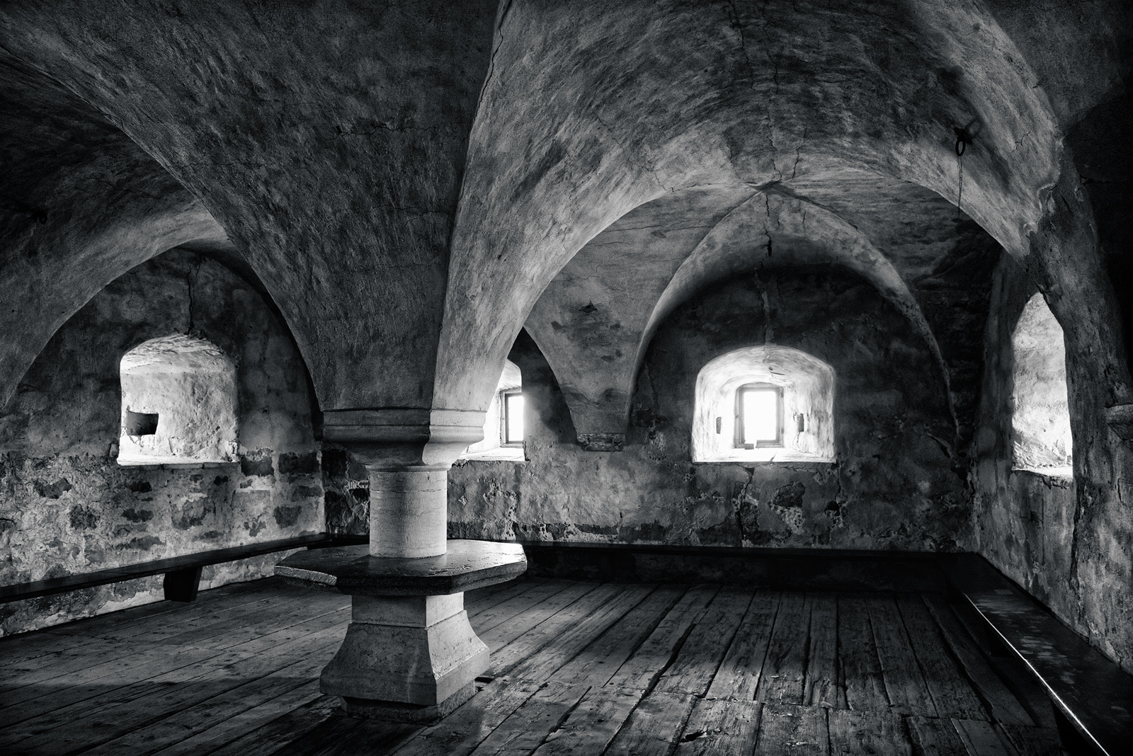 starý, tělesné, hrad, černobílý, kámen, Švédsko, oblouky, středověký, Vaultceiling, sterlen, glimmingehus, 2014, slott, Osmičky, osmiúhelníkový, strážní místnost, Borgstugan, skanecounty