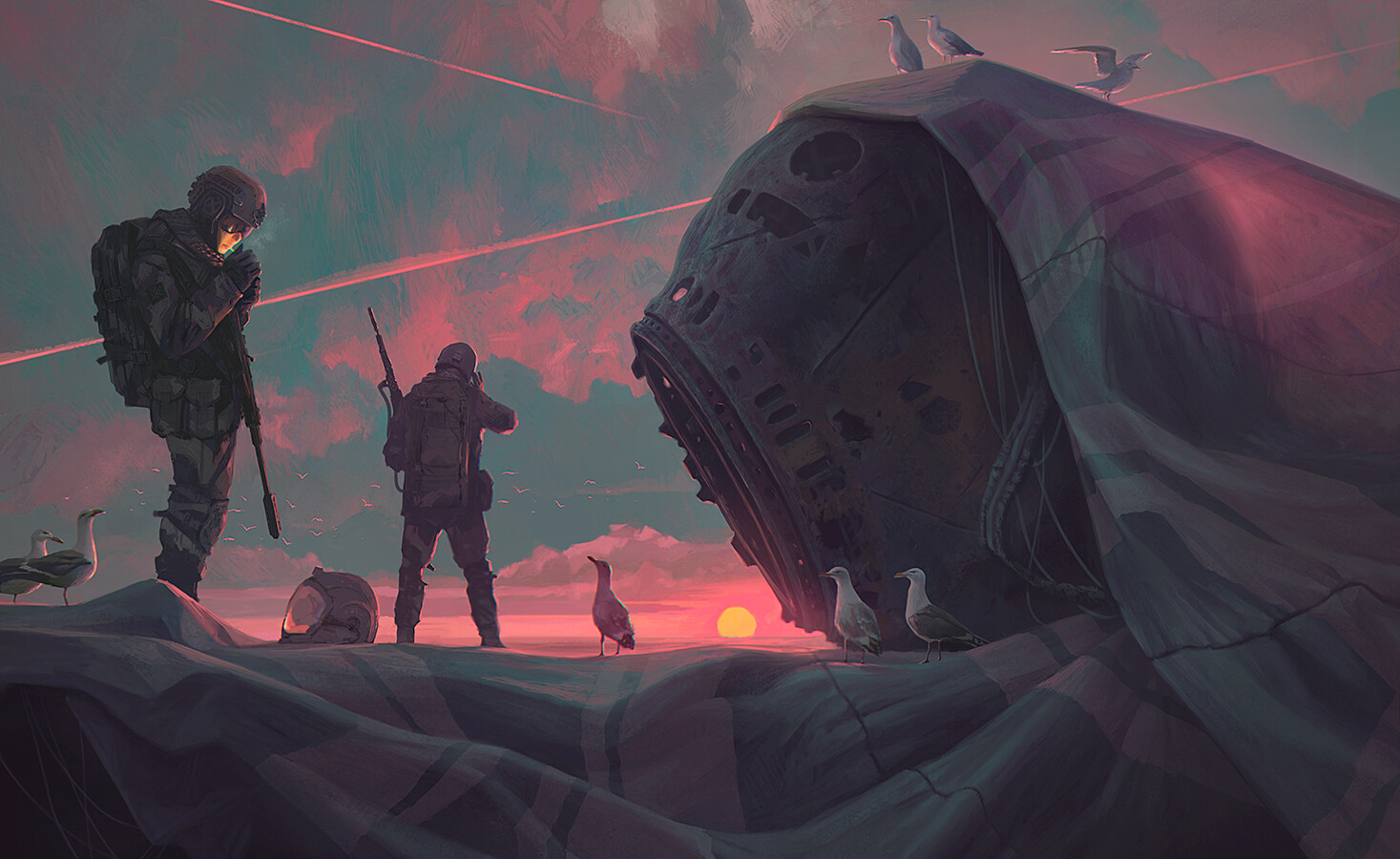 opera d'arte, arte digitale, militare, tramonto, robot