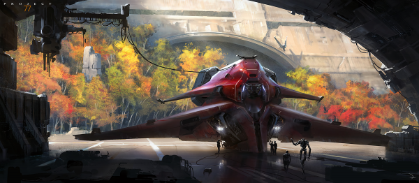 spaceship,trees,digital art,science fiction,architecture