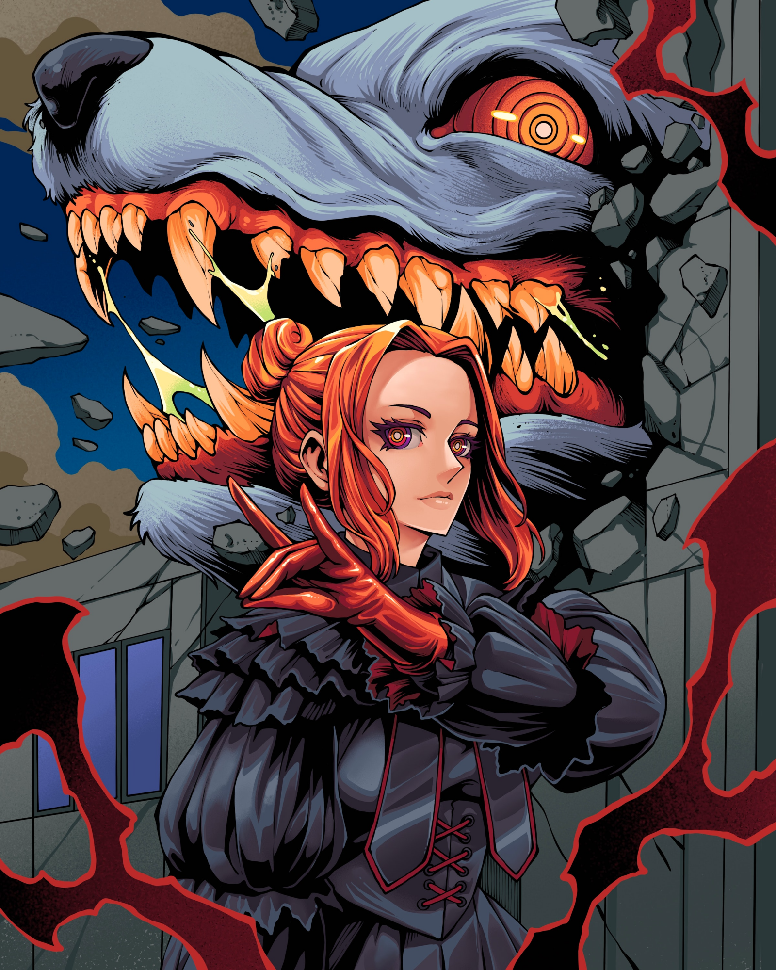 Benangbaja, Digital kunst, kunstværk, illustration, Kvinder, rødhåret, ulv, fan kunst, kæmpe stor, Kigger på seeren, handsker, Portræt display