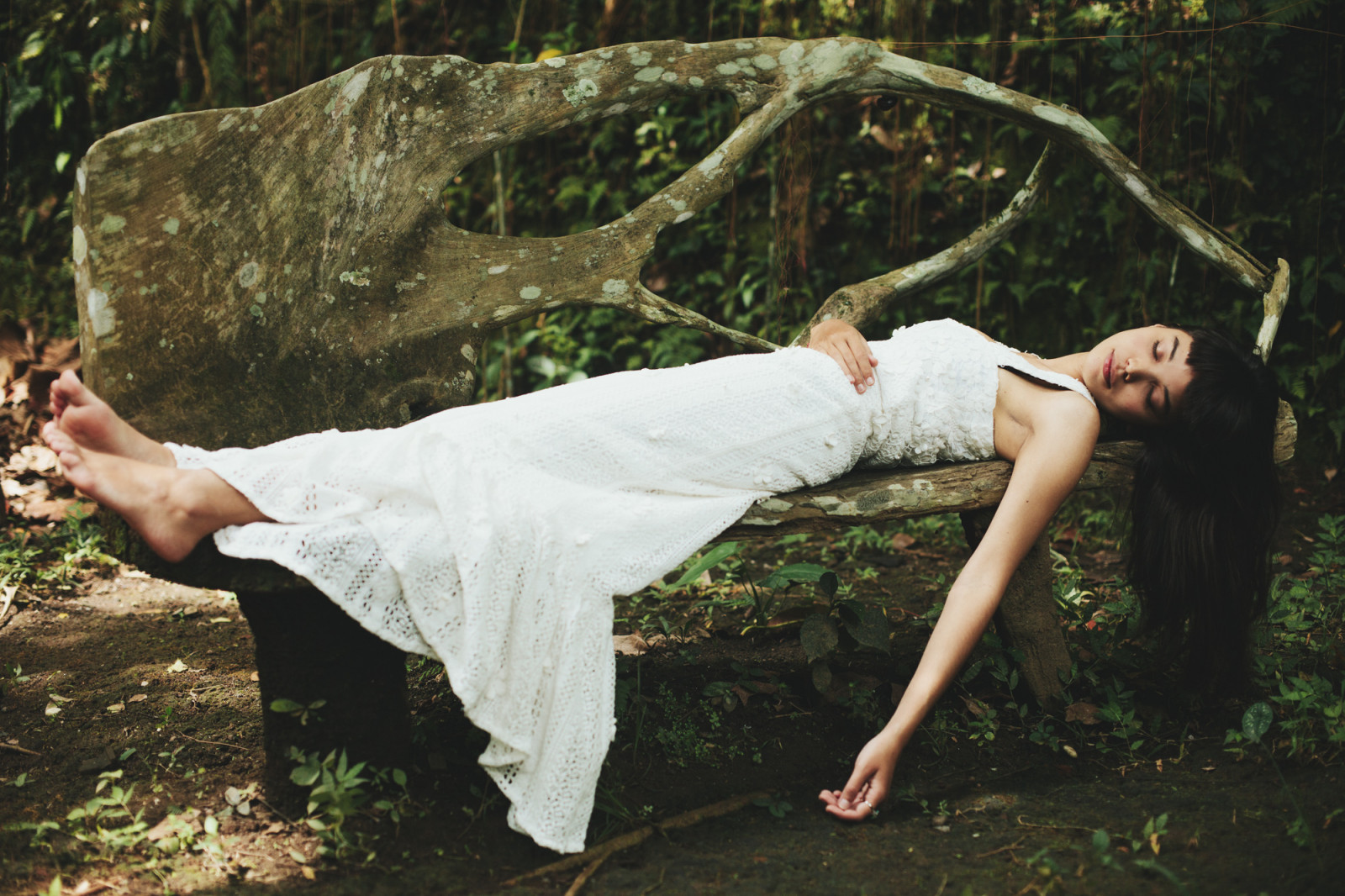 spací, dívka, lavice, spát, fantazie, pahýl, fantazie, bosé nohy, lišejník, talár, spící, stonebench