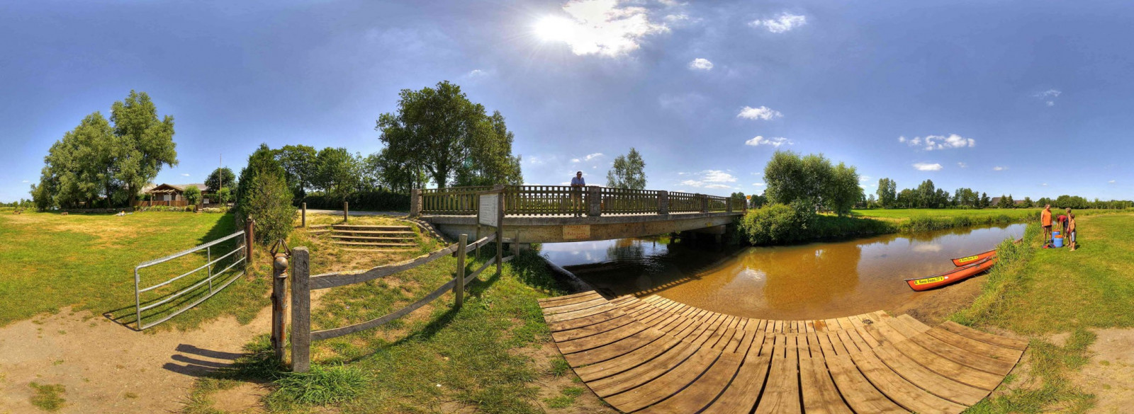 krajina, park, most, panoráma, hřiště, kánoe, objektiv s rybím okem, majetek, volný čas
