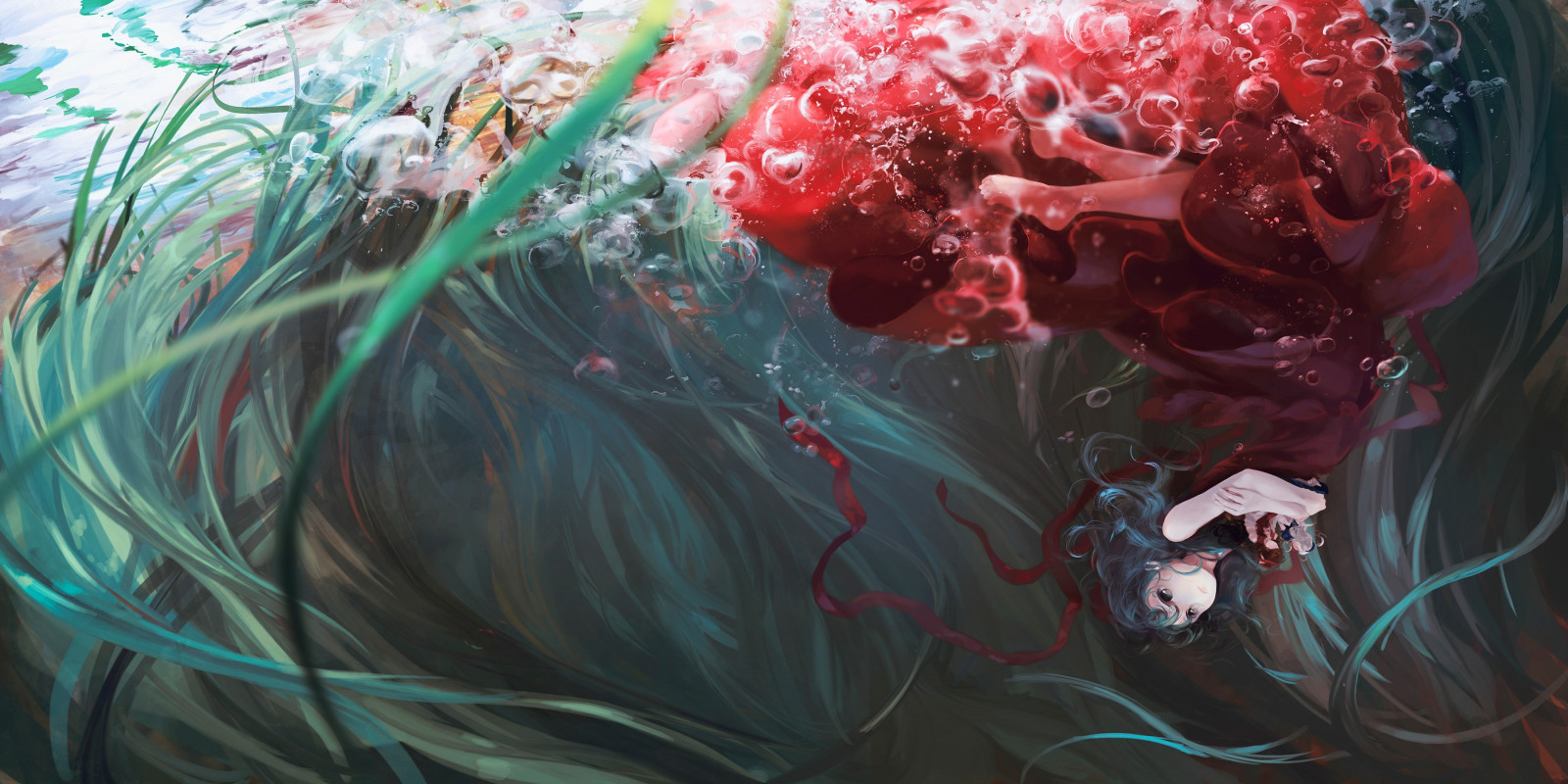 malování, ilustrace, Touhou, Pod vodou, Kagiyama Hina, UMĚNÍ, barva, květ, počítač tapeta, 3600x1800 px
