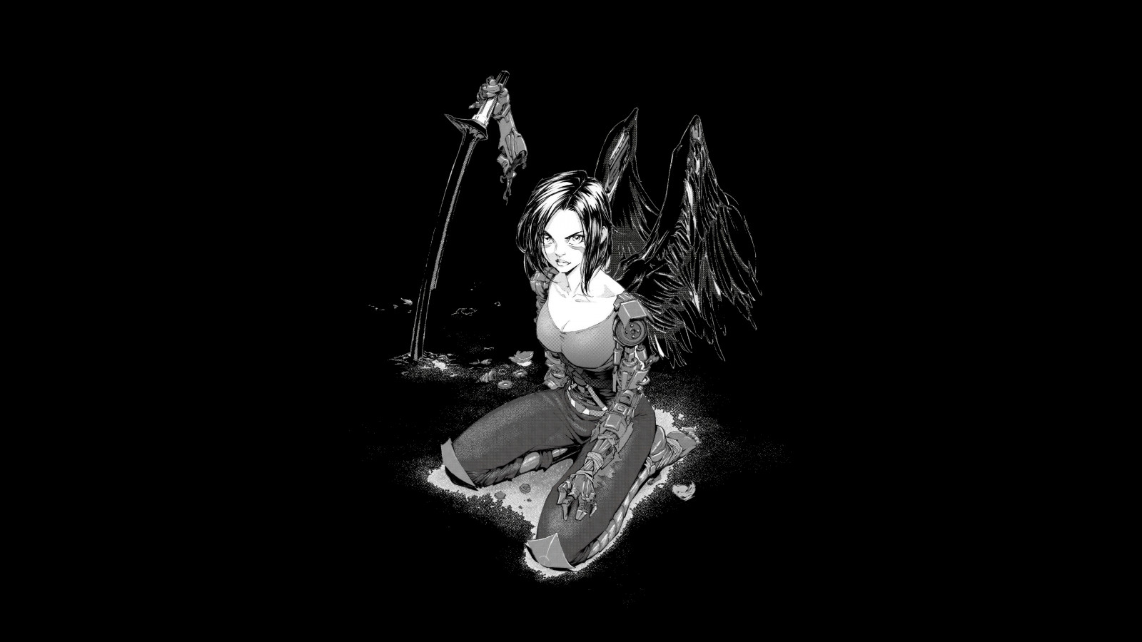 Anime piger, minimalisme, Sort baggrund, vinger, protese