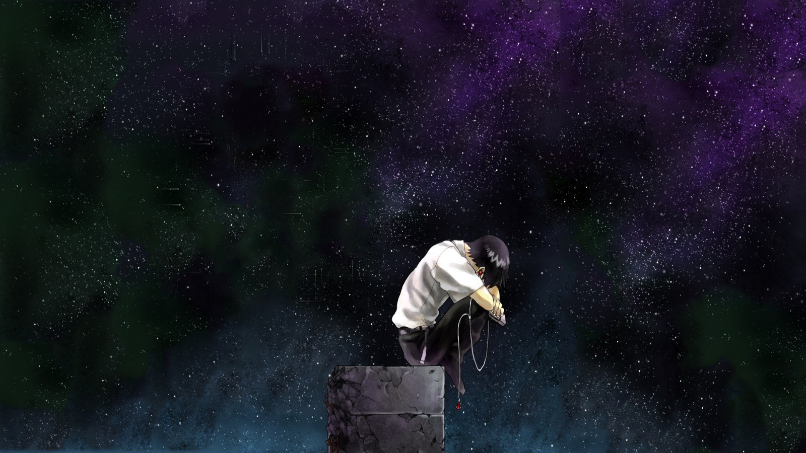 nat, anime, plads, Neon Genesis Evangelion, Ikari Shinji, stjerner, stjernetåge, alene, atmosfære, univers, astronomi, Aurora, midnat, stjerne, mørke, skærmbillede, computer tapet, ydre rum, himmellegeme