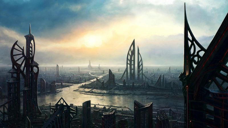západ slunce, město, panoráma města, odraz, nebe, fantasy umění západ slunce, město, panoráma města, odraz, nebe, fantasy umění