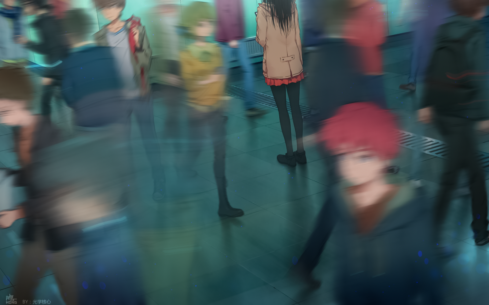 Wallpaper anime girls, black hair, motion blur, green hair, redhead