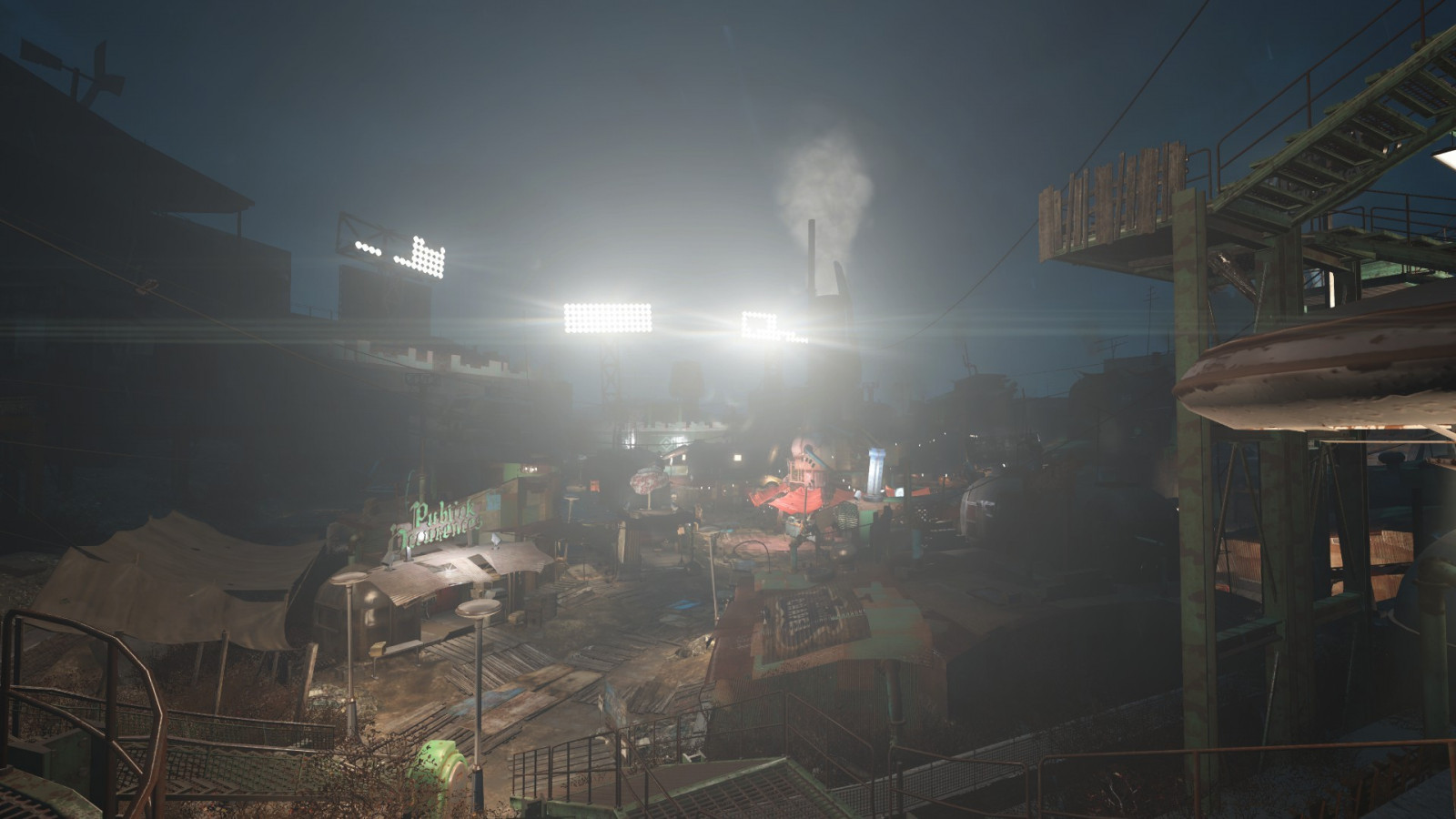 gadebelysning, bybilledet, nat, aften, Falde ud, Fallout 4, lys, belysning, mørke, skærmbillede, byområde, atmosfære af jord