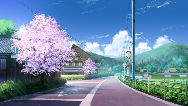 Japan, anime, clouds, street, house, Sakura blossom Japan, anime, clouds, street, house, Sakura blossom