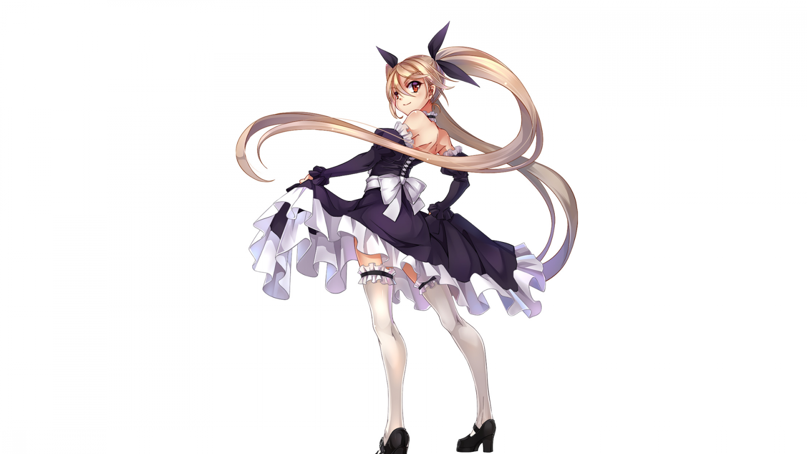 illustration, blond, anime, Anime piger, tegneserie, røde øjne, twintails, violet kjole, kostume, figur, kostume design