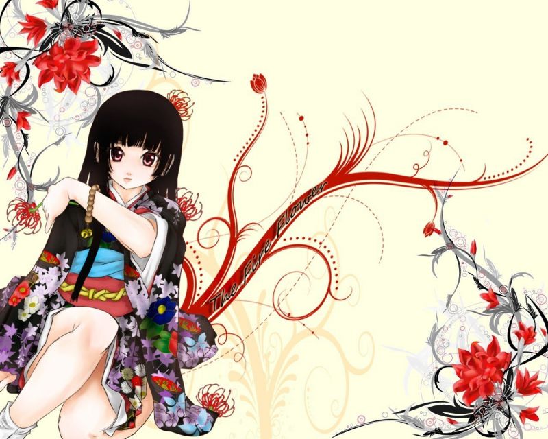anime, fete anime, Enma Ai, chimono, 1280x1024 px, flori