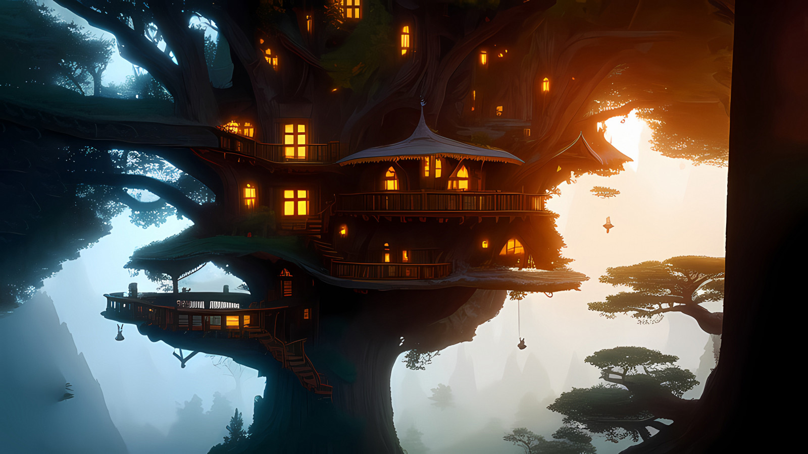 Stable Diffusion, 4k, ai art, tree house, lights, dawn, trees, nature