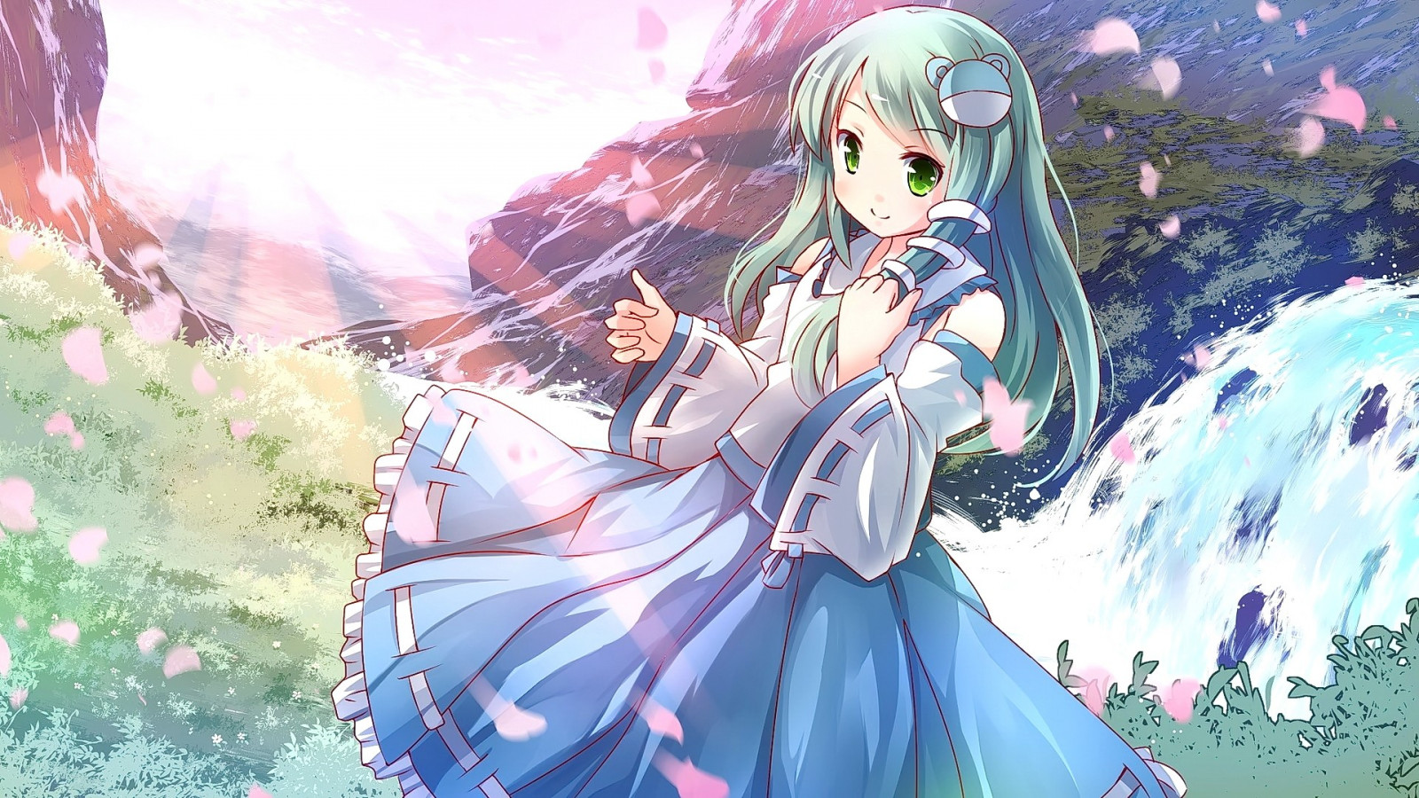 ilustrace, dlouhé vlasy, anime, anime dívky, zelené oči, Touhou, usmívající se, Kochiya Sanae, Snímek obrazovky, počítač tapeta, mangaka