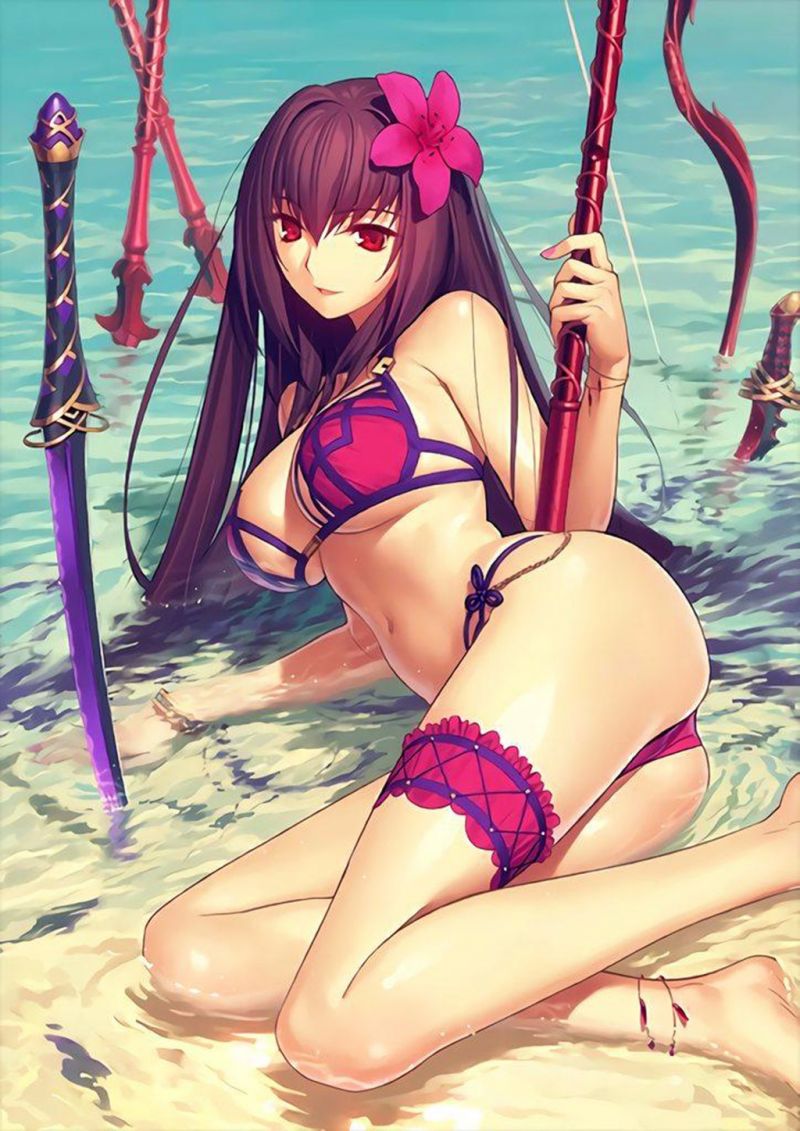 anime,sort hår,Fate Grand Order,Lancer Fate Grand Order,badetøj,tøj