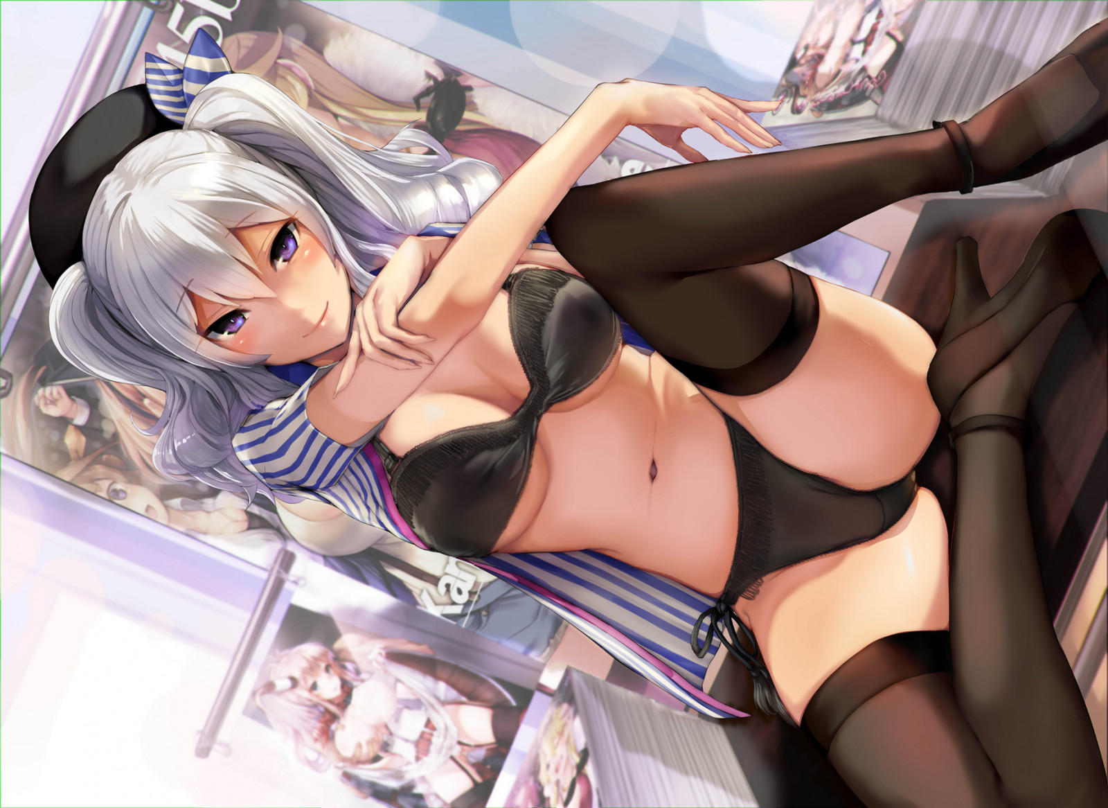 Kashima KanColle, Kantai Collection, anime dívky, kalhotky, fialové oči, punčochy