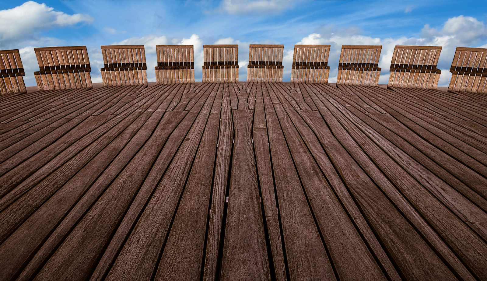Wallpaper sky, field, wood, symmetry, bench, perspective, cloud