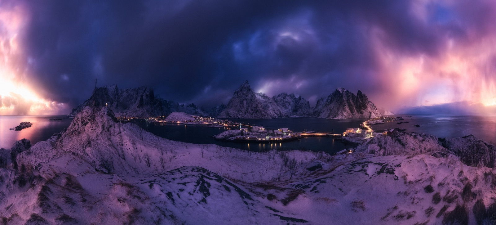 paesaggio, luci, montagne, mare, natura, cielo, la neve, inverno, nuvole, freddo, Norvegia, panorami, atmosfera, Aurora, Isole Lofoten, Reine, tempo metereologico, immagine dello schermo, fenomeno geologico