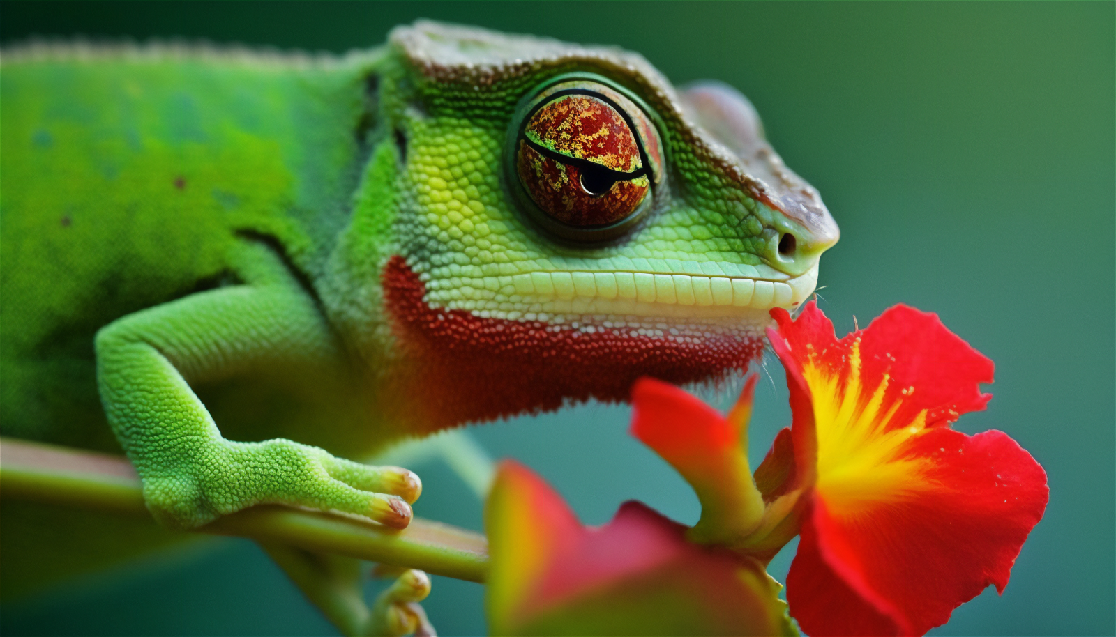 ai art, Cameleon, tæt på, blomster