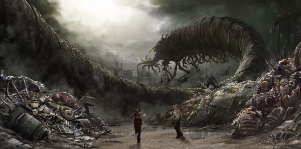 clouds,1800x891 px,artwork,cityscape,creature,destruction