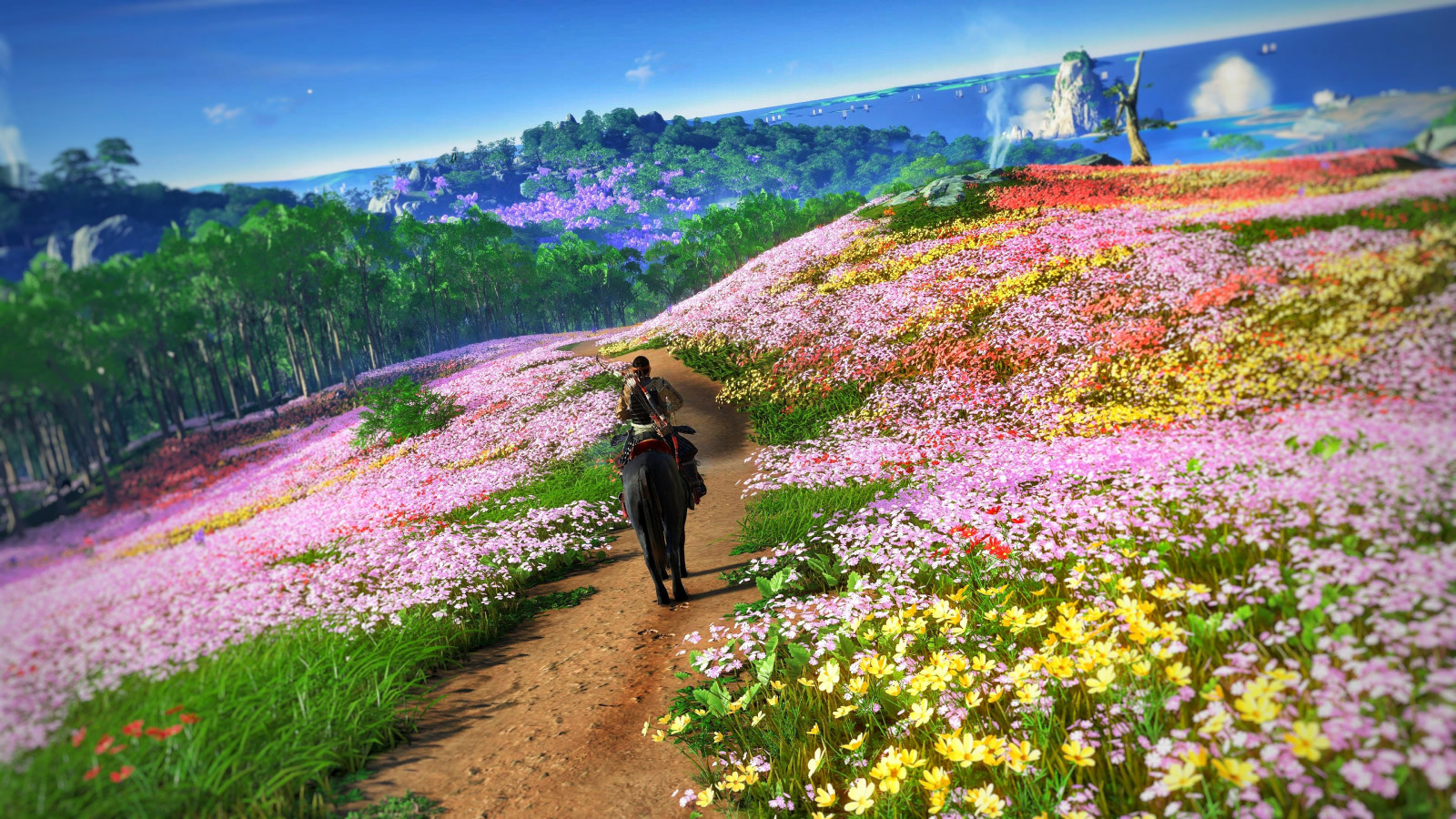 flower, plant, sky, ecoregion, People in nature, mountain, Natural landscape, natural environment, botany, petal, grass, leisure, biome, slope, grassland, landscape, travel, rural area, morning, summer, groundcover, meadow, mountainous landforms, magenta, mountain range, flowering plant, happy, hill, field, agriculture, tree, wilderness, annual plant, wildflower, spring, Tourism, shrub, prairie, garden, recreation, walking, plantation, road, Forb, blossom, trail, horizon, daisy family
