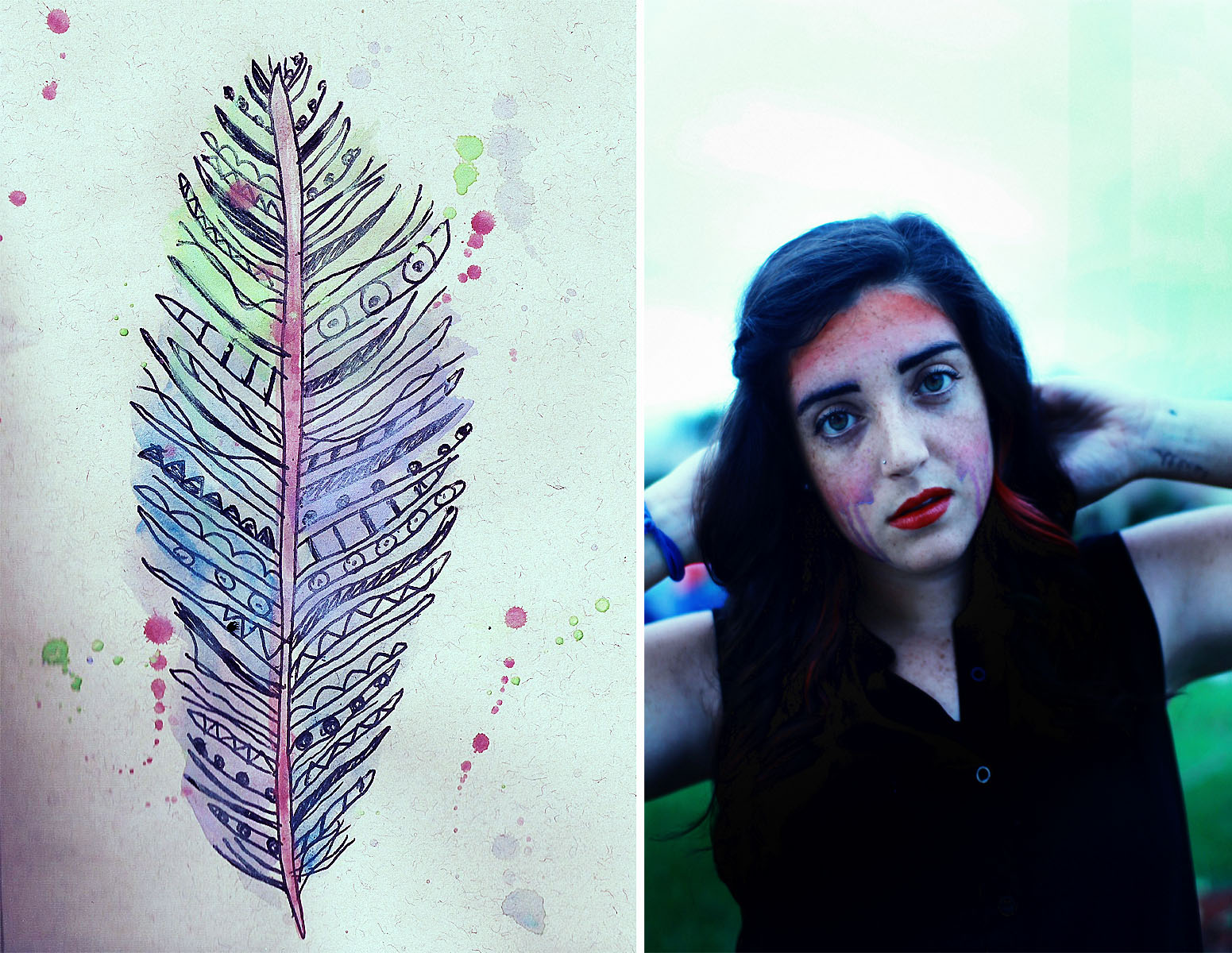 modrý, zelená, dívka, mraky, Rachel, oči, malovat, peří, akvarely, dešťová kapka, dowda, 30mmf14, canont2i