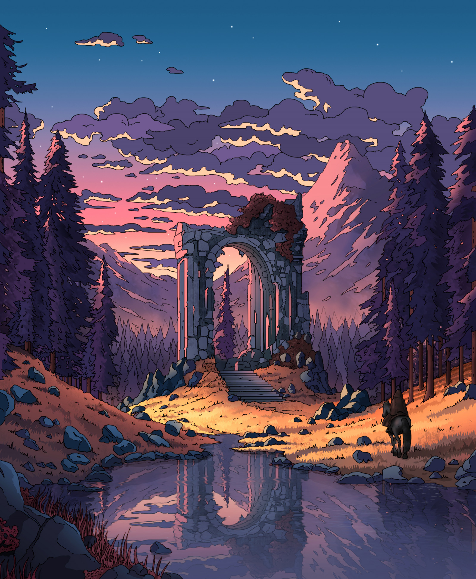 Christian Demczuk, artwork, digital art, illustration, clouds, mountains, trees, forest, river, water, reflection, sunset, stars, environment, horse, portrait display