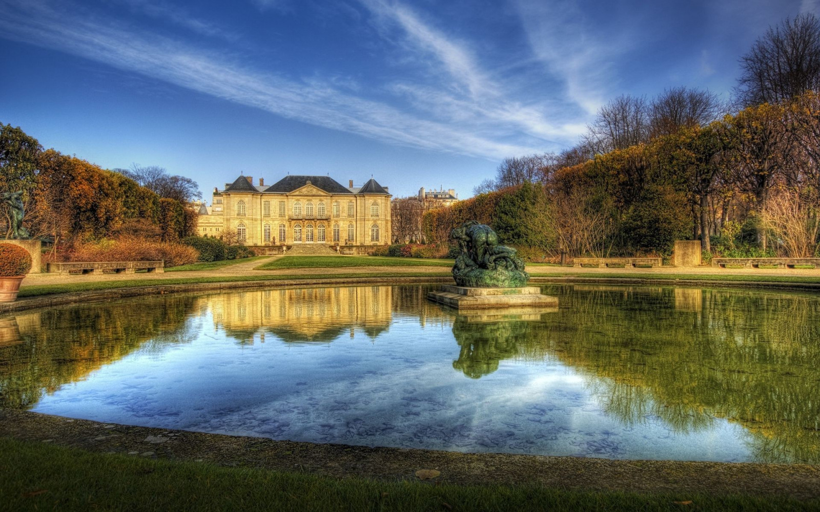 træer, landskab, efterår, have, sø, natur, bygning, afspejling, græs, parkere, skyer, morgen, slot, bænk, flod, skulptur, HDR, Frankrig, Dam, Paris, palæer, slot, Chateau Rodin, ejendom, træ, efterår, reservoir, landdistrikt, vandveje, reflekterende pool