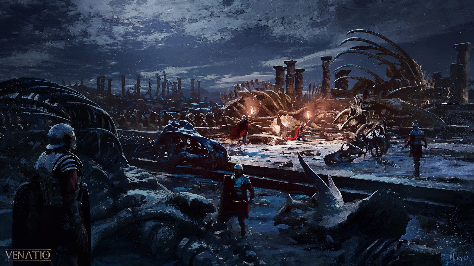 digitální umění, fantasy umění, Saby Menyhei, rytíř, kostra, ostatky, noc, mraky, bojovník, zřícenina, zima, zasněžování, hořáky, oheň