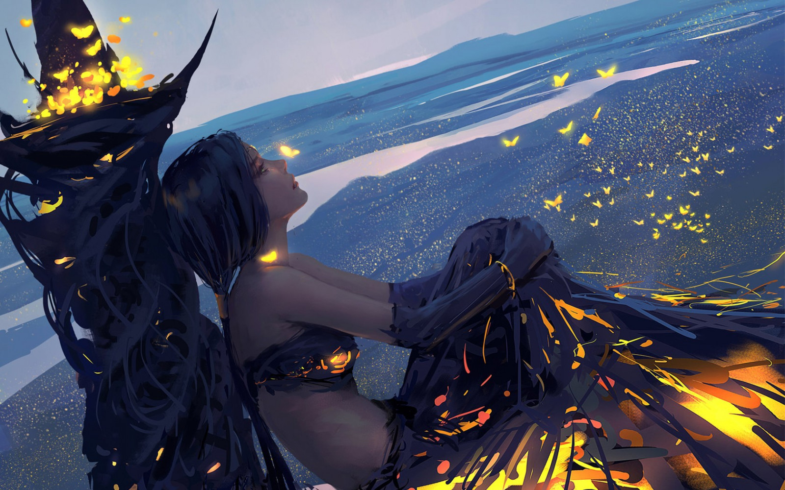 krajina, malování, ženy, fantasy umění, anime, řeřavý, šaty, WLOP, oheň, Cure Girl, ghost čepele, GostBlade, Snímek obrazovky, počítač tapeta