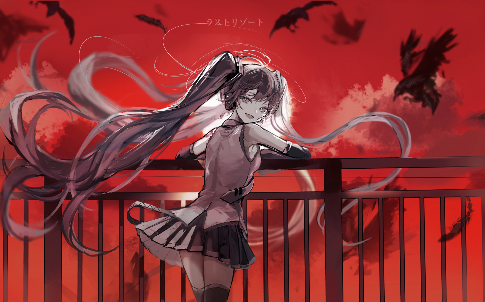 Hatsune Miku, anime, Vocaloid, long hair, looking at viewer, twintails, open mouth, raven, Japanese, handrail, anime girls, headphones, looking back, feathers, clouds, detached sleeves, stockings, skirt, frills, tie