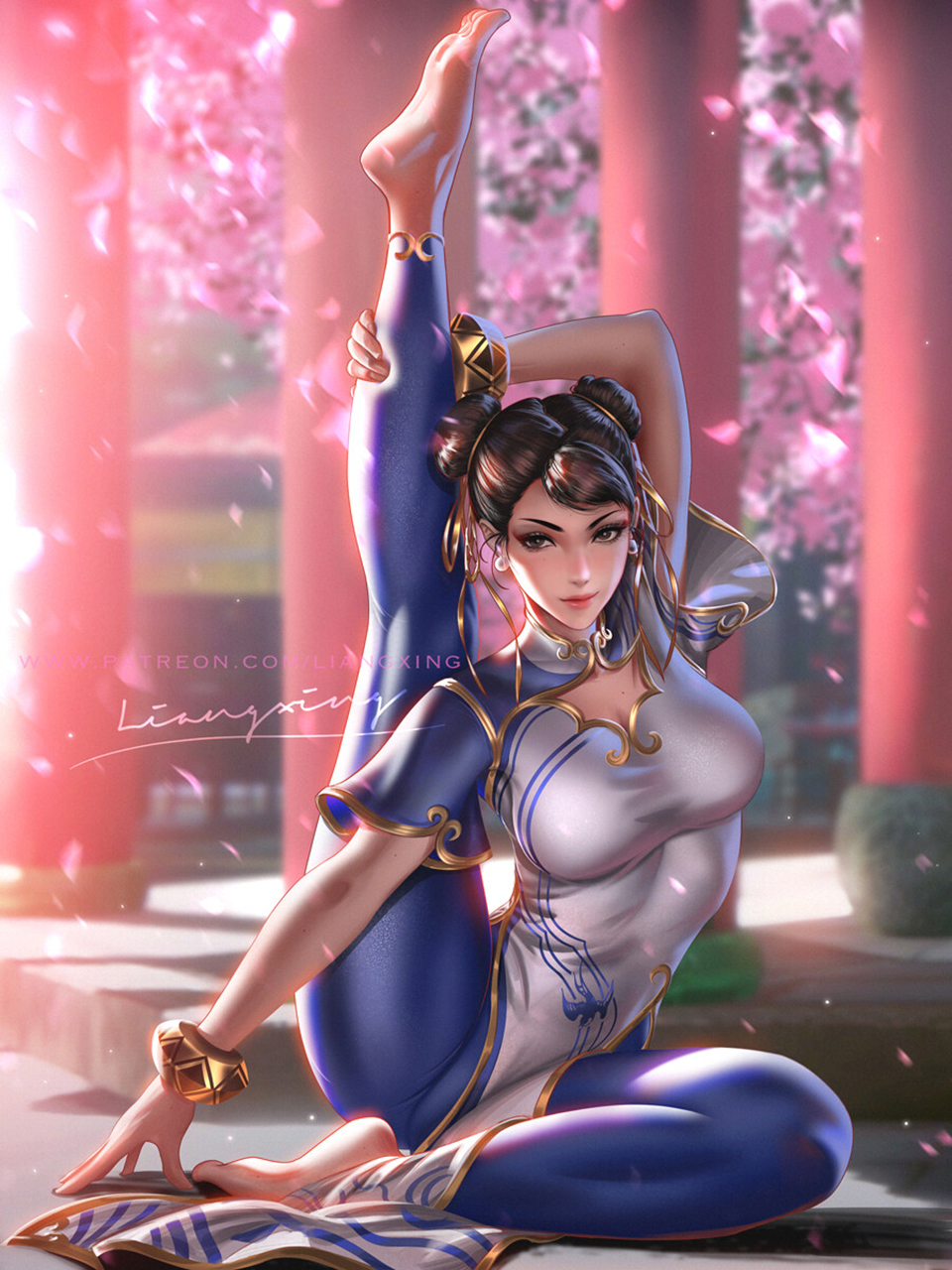 Liang Xing, výkres, ženy, pouliční rváč, protahování, Chun Li, naboso, bruneta, hairbun, Třešňový květ, Lístky, růžový