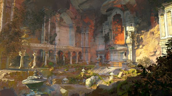 digital art,ancient,temple,ruins,fountain