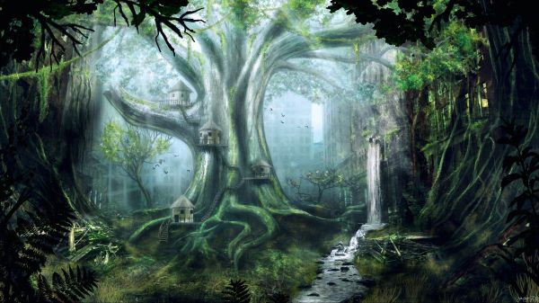 sunlight, trees, forest, nature, waterfall, city