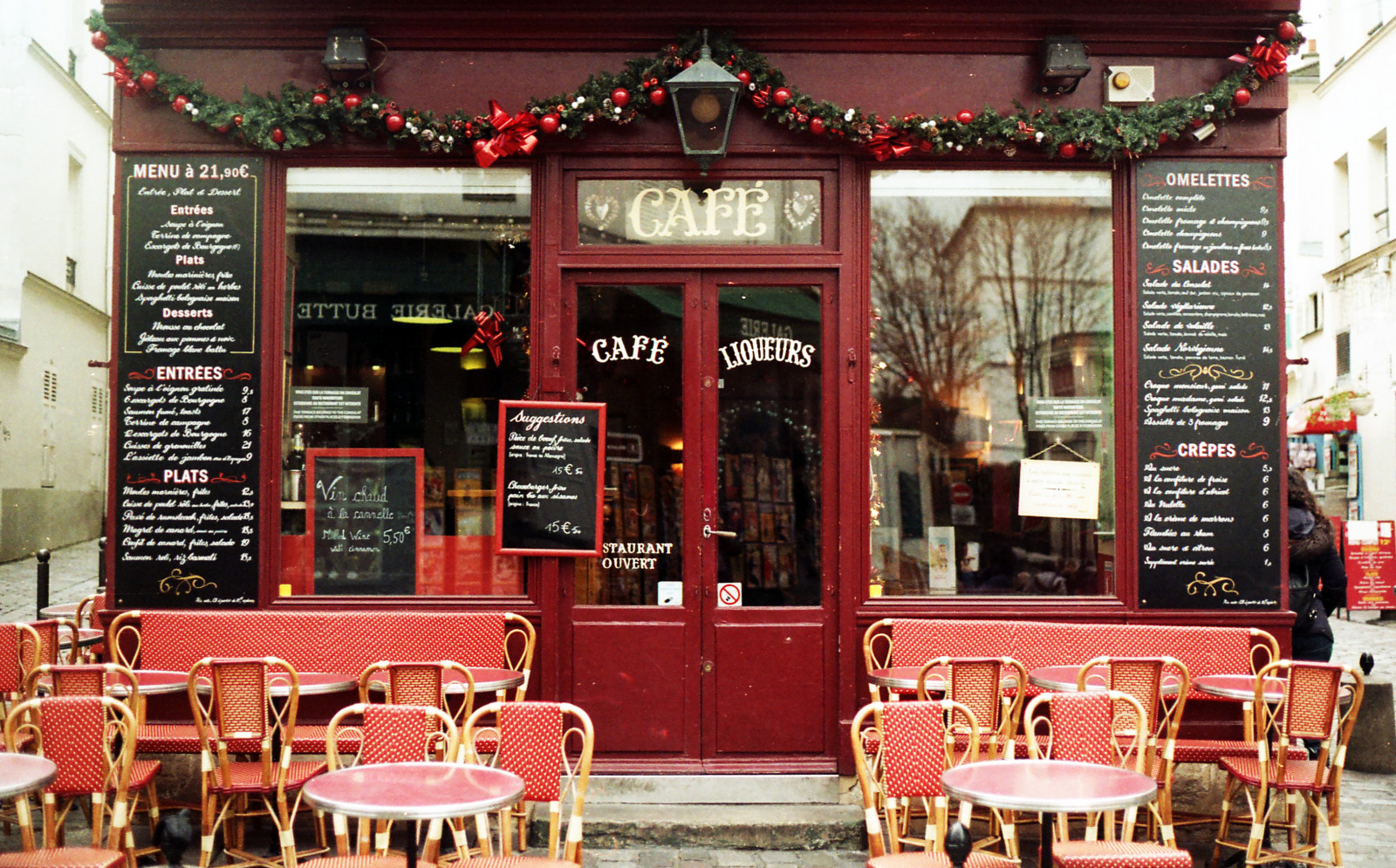Paříž, film, bar, Kánon, fotoaparát značky kodak, bederní, štěstí, Montmartre, MM, 50, rosso, sedie, Fantastico, kavárna, Parigi, bello, Tavolini, ColorPlus