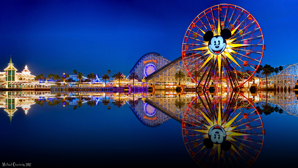 panoráma města, noc, voda, odraz, Ruské kolo, bluehour, mezník, turistická atrakce, geografický rys, zábavní park, Mickey Mouse, disneycaliforniaadventure, paradisepier