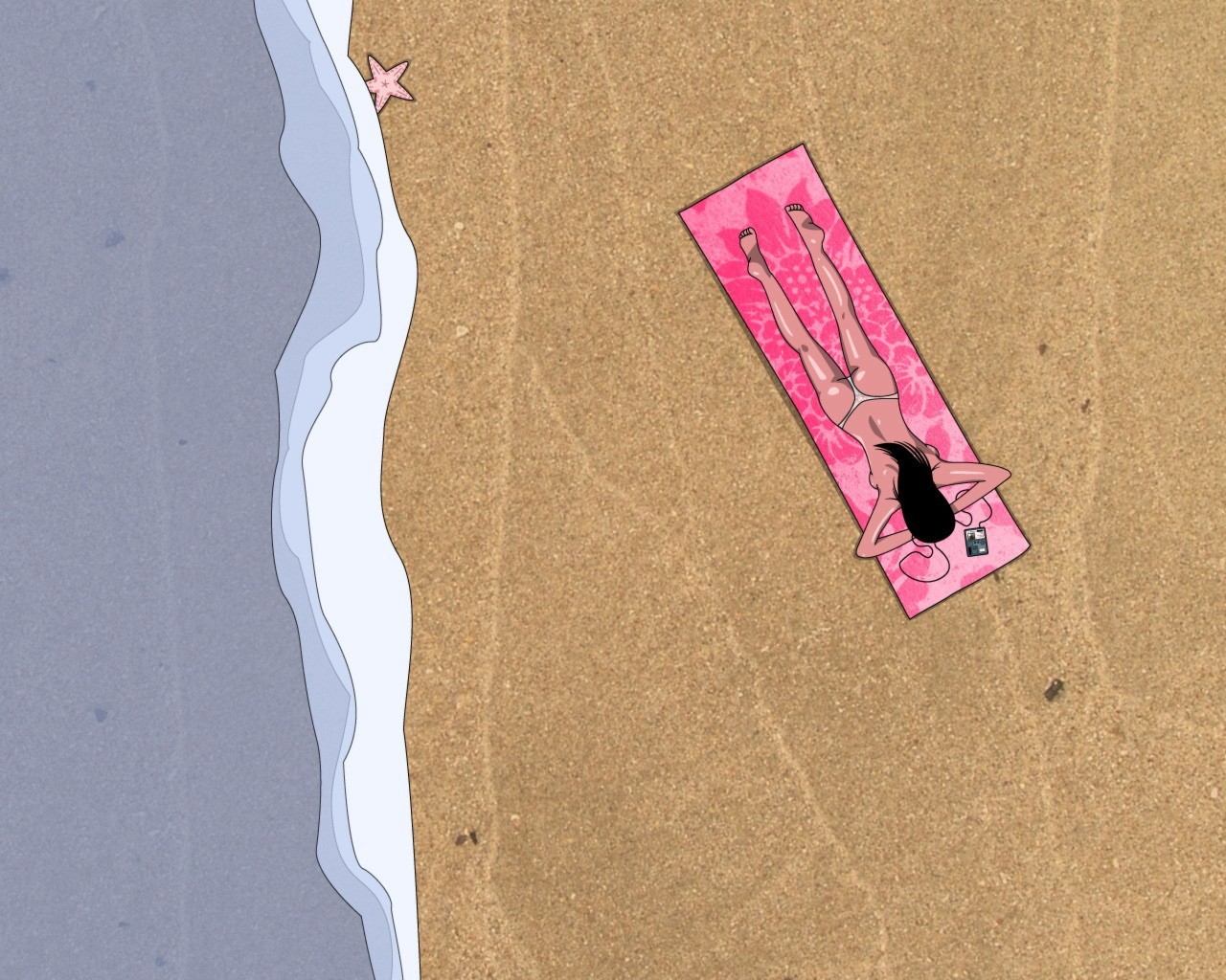 ilustrace, ženy, umělecká díla, pláž, vzor, papír, růžový, barva, materiál