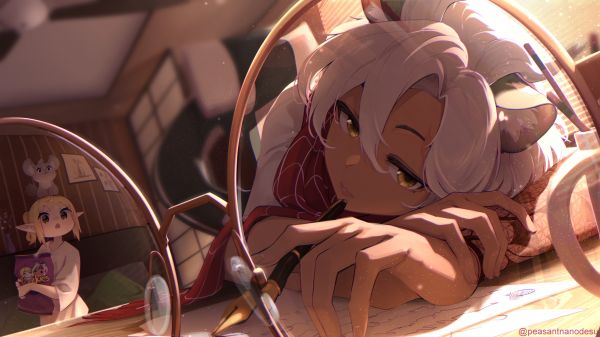 anime girls,closeup,indie virtual youtuber,pens,two women,animal ears