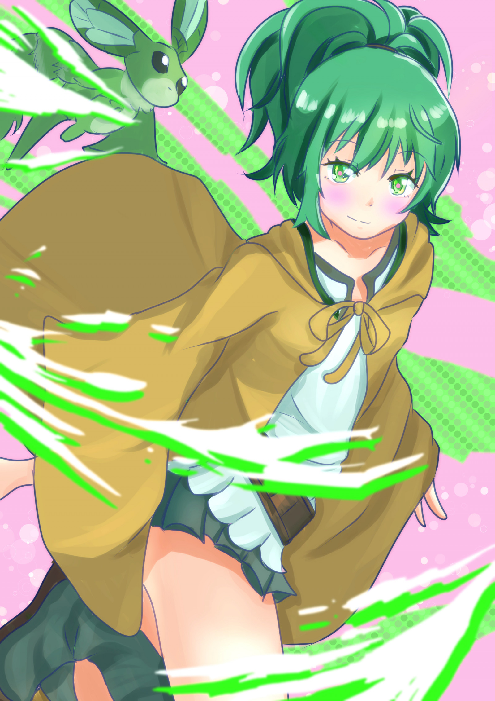 Anime, Anime cô gái, Trò chơi Thẻ Thương Mại, Yu Gi Oh, Wynn the Wind Charmer, tóc đuôi gà, Tóc xanh, Solo, Tác phẩm nghệ thuật, nghệ thuật số, fanart