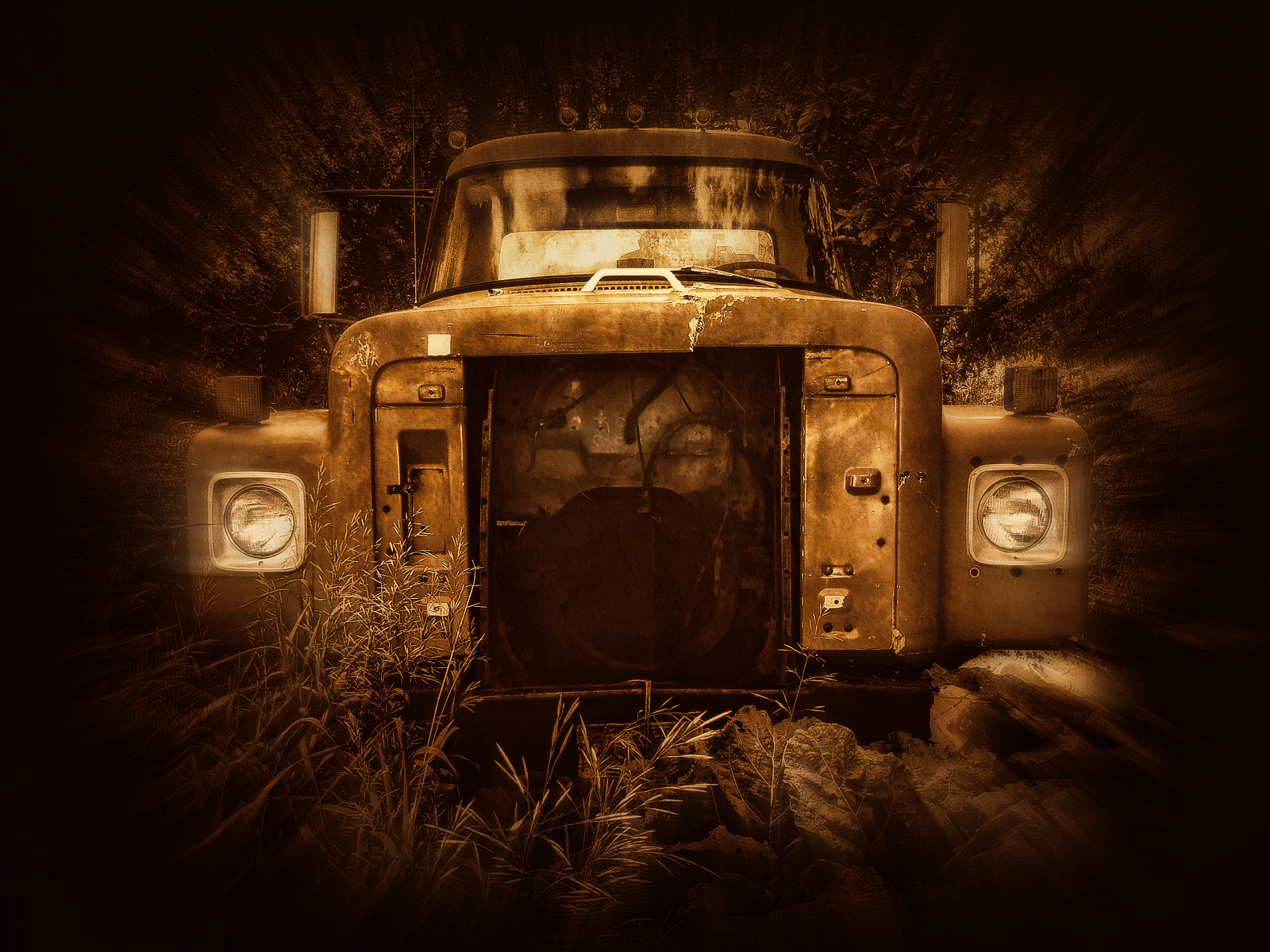 nat, forladt, aften, sepia, gård, struktur, USA, lastbil, midnat, Minnesota, landdistrikterne, lys, Land, belysning, mørke, landbrug, tekstureret, stadig liv fotografering, Butterfield