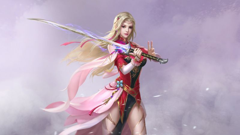 eenvoudige achtergrond, blond, fantasie meisje, fantasy art, zwaard, wapen eenvoudige achtergrond, blond, fantasie meisje, fantasy art, zwaard, wapen