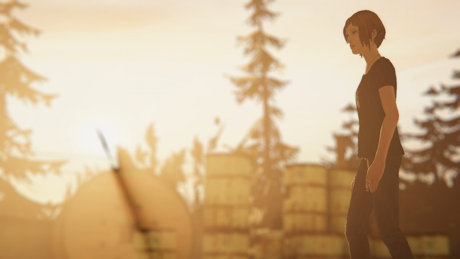 Life is Strange Before the Storm, boční pohled, džíny, tričko, vlnité vlasy, blondýnka, Chloe Cena, náhrdelník, odpoledne, slunce, odvrátila, smutný