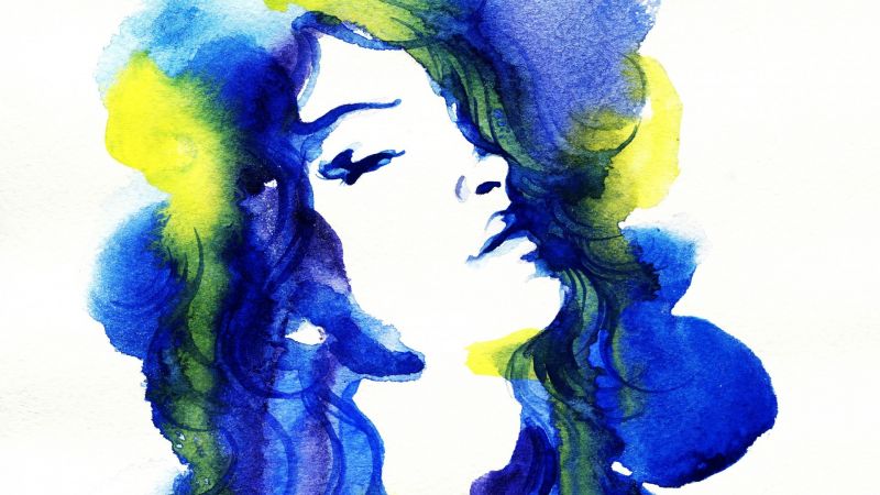artwork, blue hair, face, painting, 1920x1080 px, long hair artwork, blue hair, face, painting, 1920x1080 px, long hair