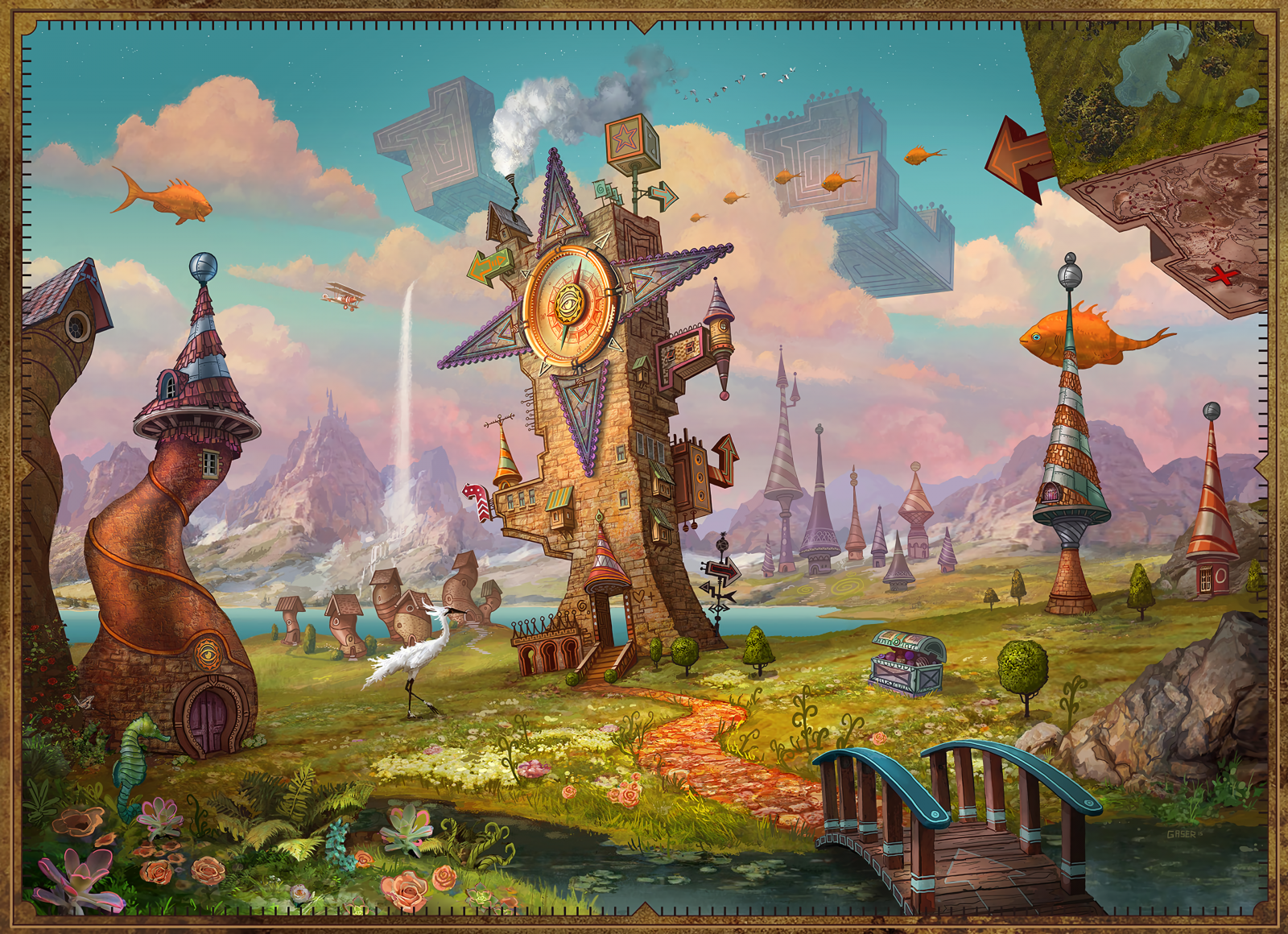 Koncepce umění, mraky, Ryba, nebe, vodopád, letoun, arrows design, Racků moře