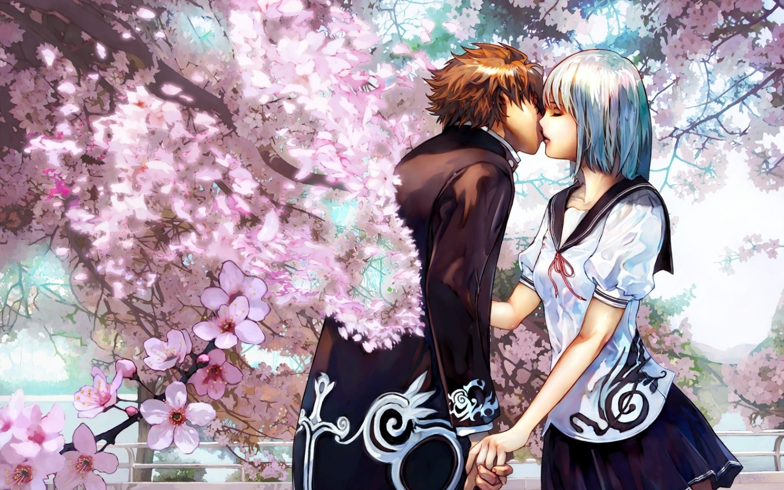 Wallpaper cherry kiss, cherry blossoms, couple, love 1680x1050