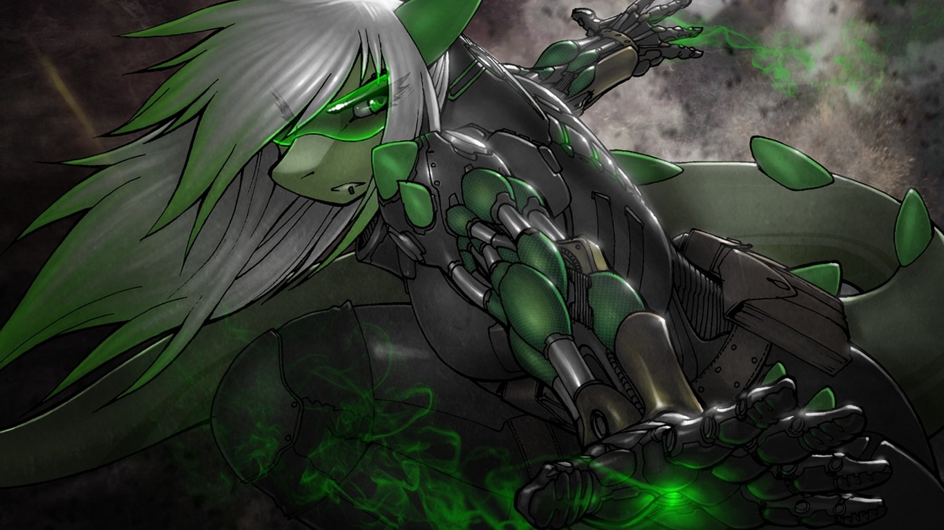 อะนิเมะ, จิ้งจก, สีเขียว, squatting, ขนยาว, Anthro, ป่า, เกราะจินตนาการ, ภาพหน้าจอ, เมชา, วอลล์เปเปอร์คอมพิวเตอร์, ตัวละคร