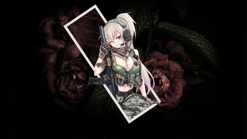 1600x900 px, våpen, anime, kunstverk, blomster, soldat