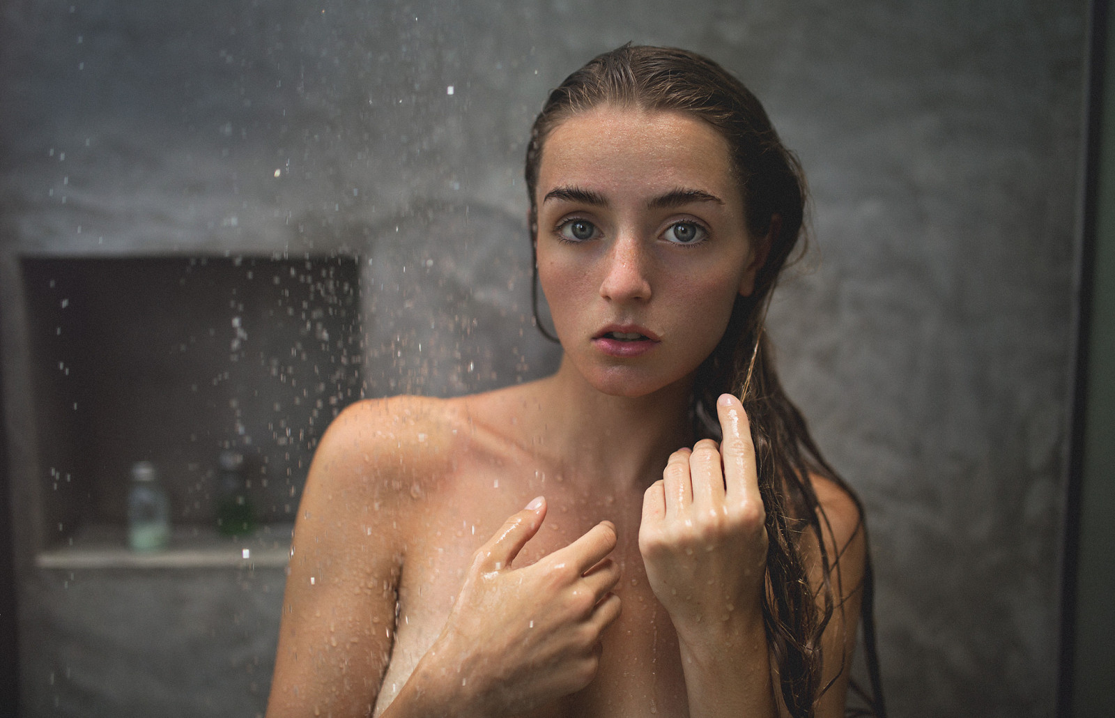 women, portrait, shower, water, wet body, wet hair, water drops